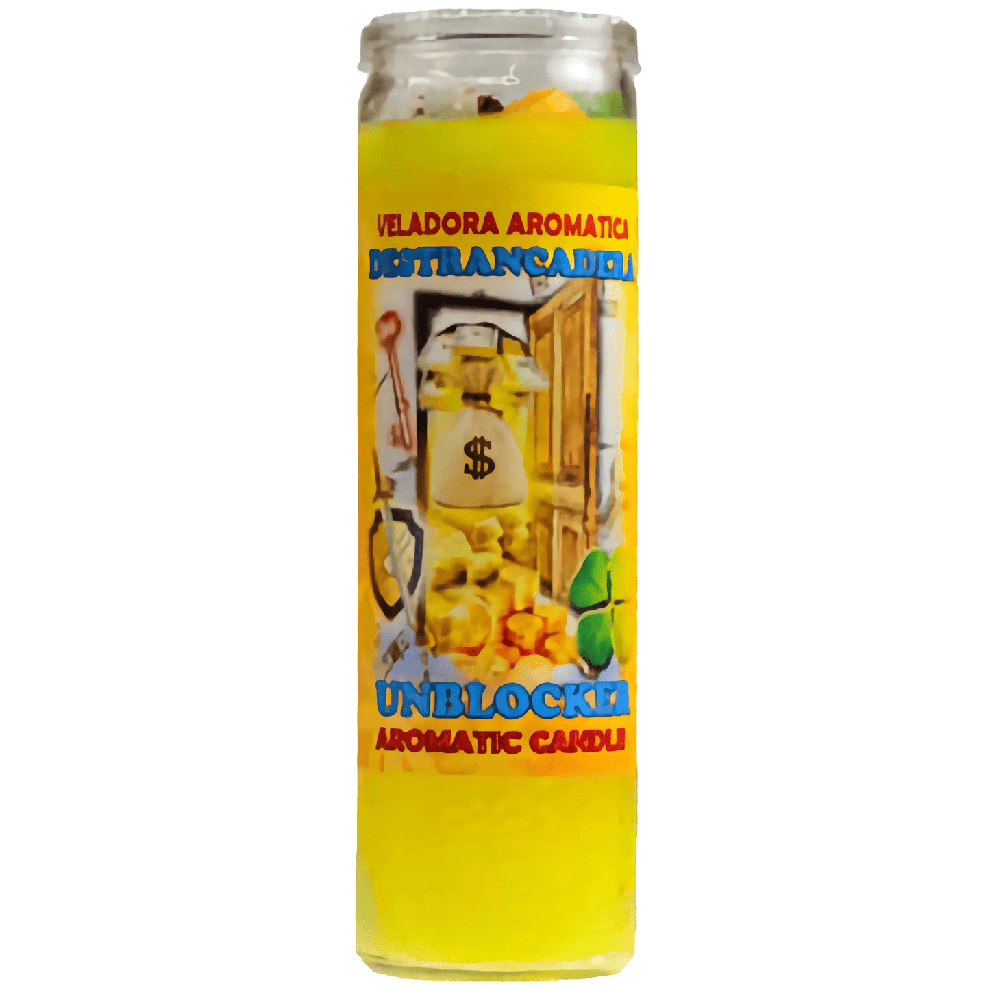 Unblocking Jar Candle in glass jar with yellow wax and symbolic label for removing obstacles and attracting positive energy