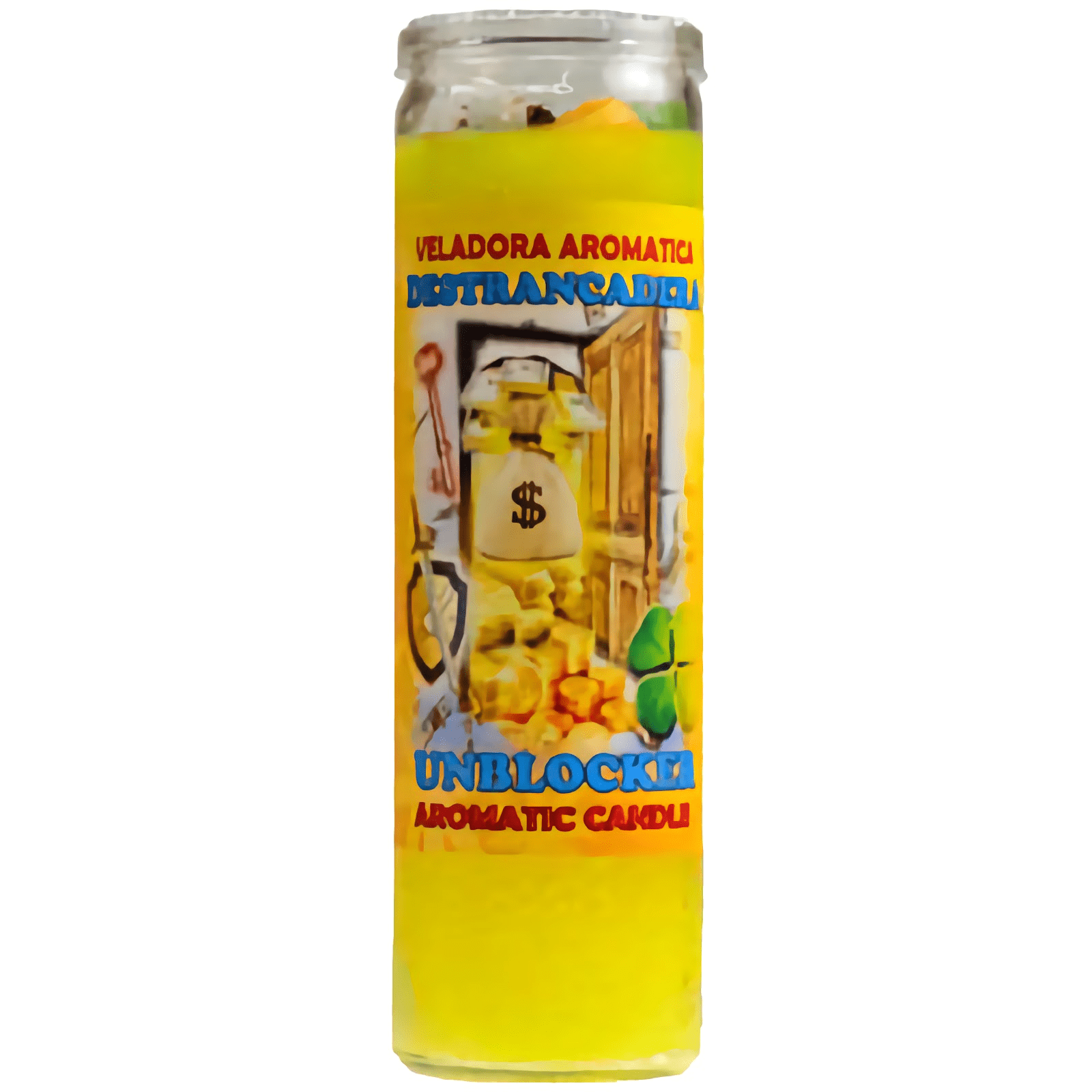 Unblocking Jar Candle in glass jar with yellow wax and symbolic label for removing obstacles and attracting positive energy