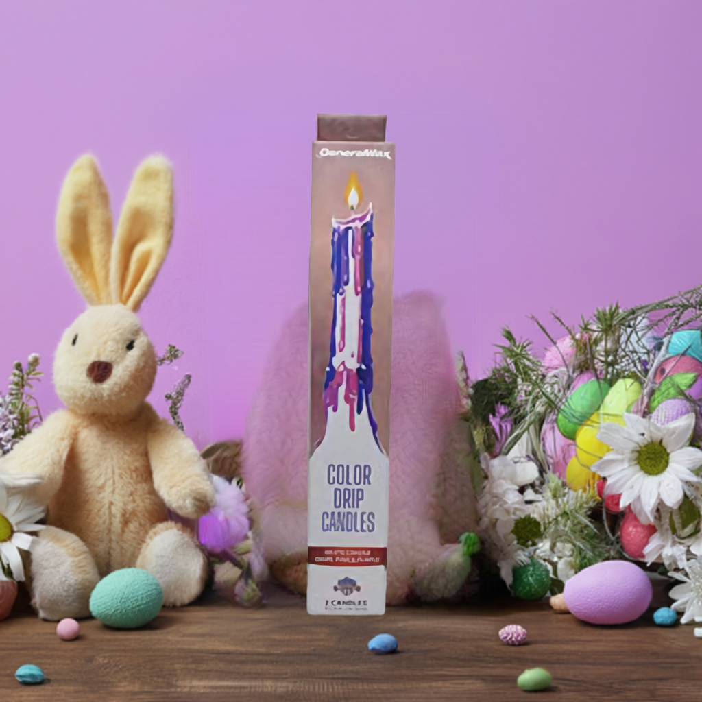 Set of 2 Pink, Purple Drip Candles with floral and bunny décor.