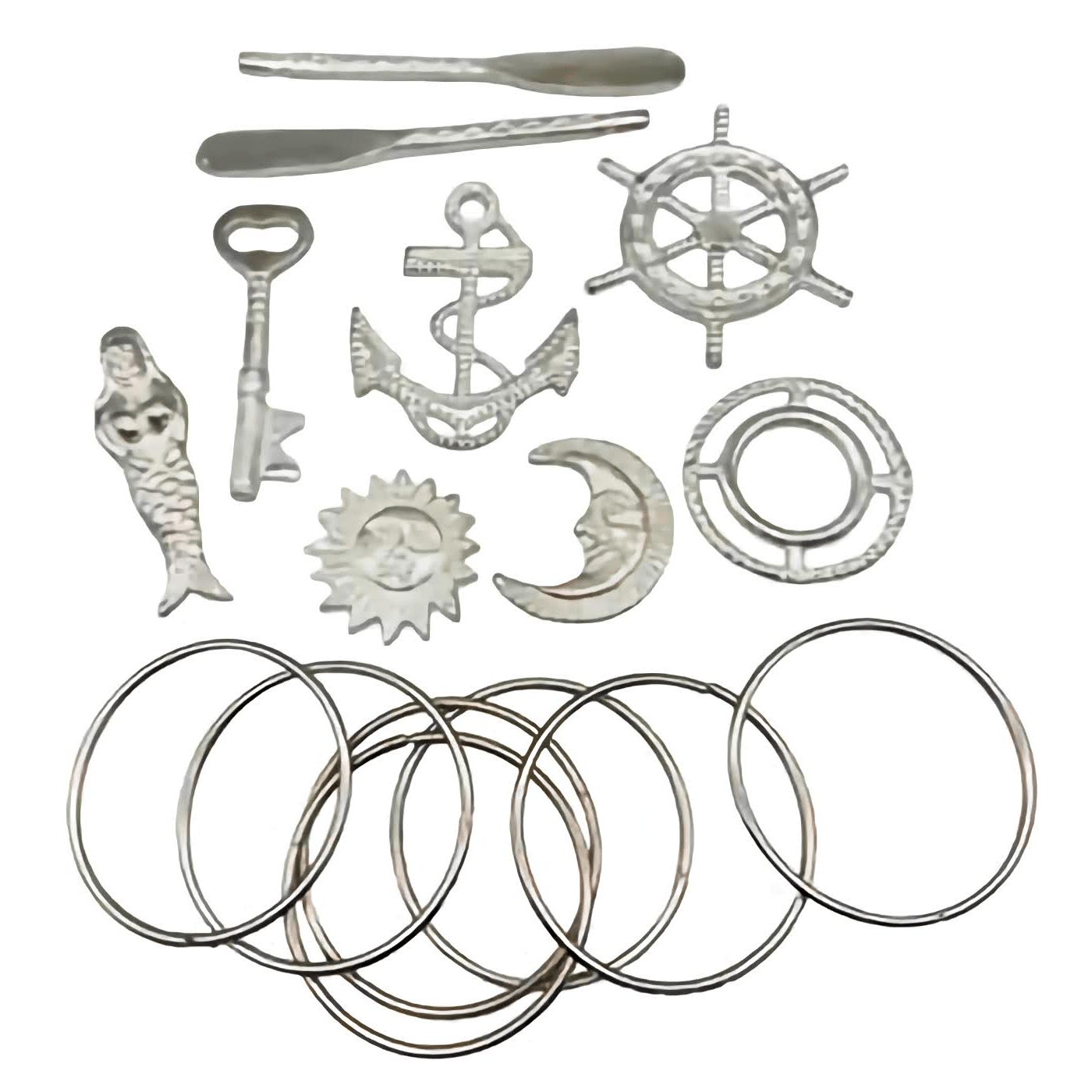 Yemaya's tools set including moon, sun, anchor, key, mermaid, oars, and bracelets.