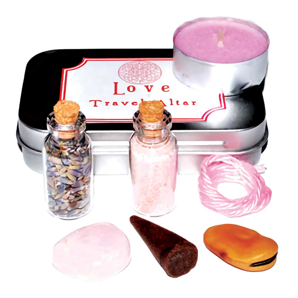 Love Spell Travel Altar Kit with pink candle, crystals, herb blend, incense cone, and pink cord for manifesting love.