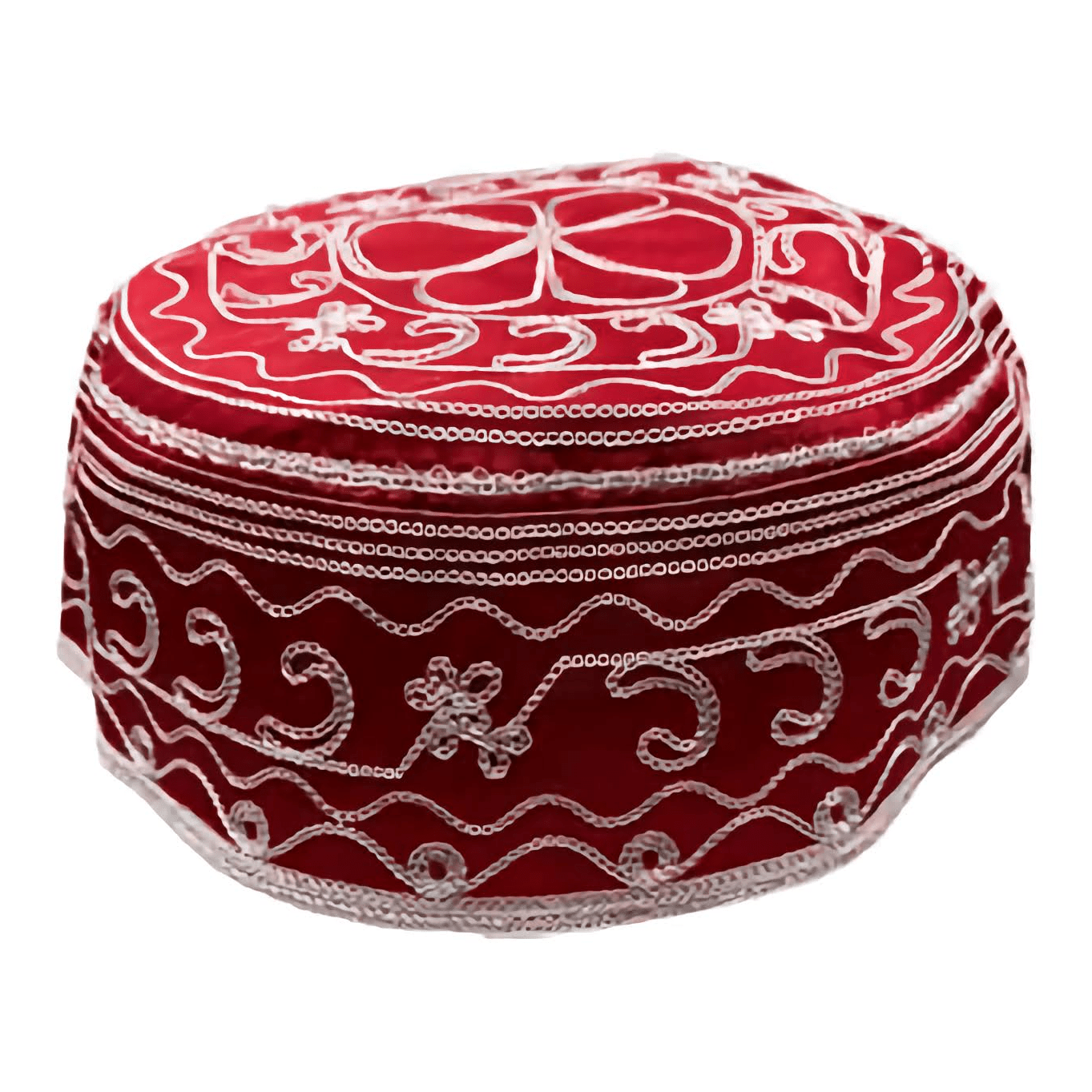 Shango Kufi in red and white with intricate patterns, symbolizing Orisha spirituality.