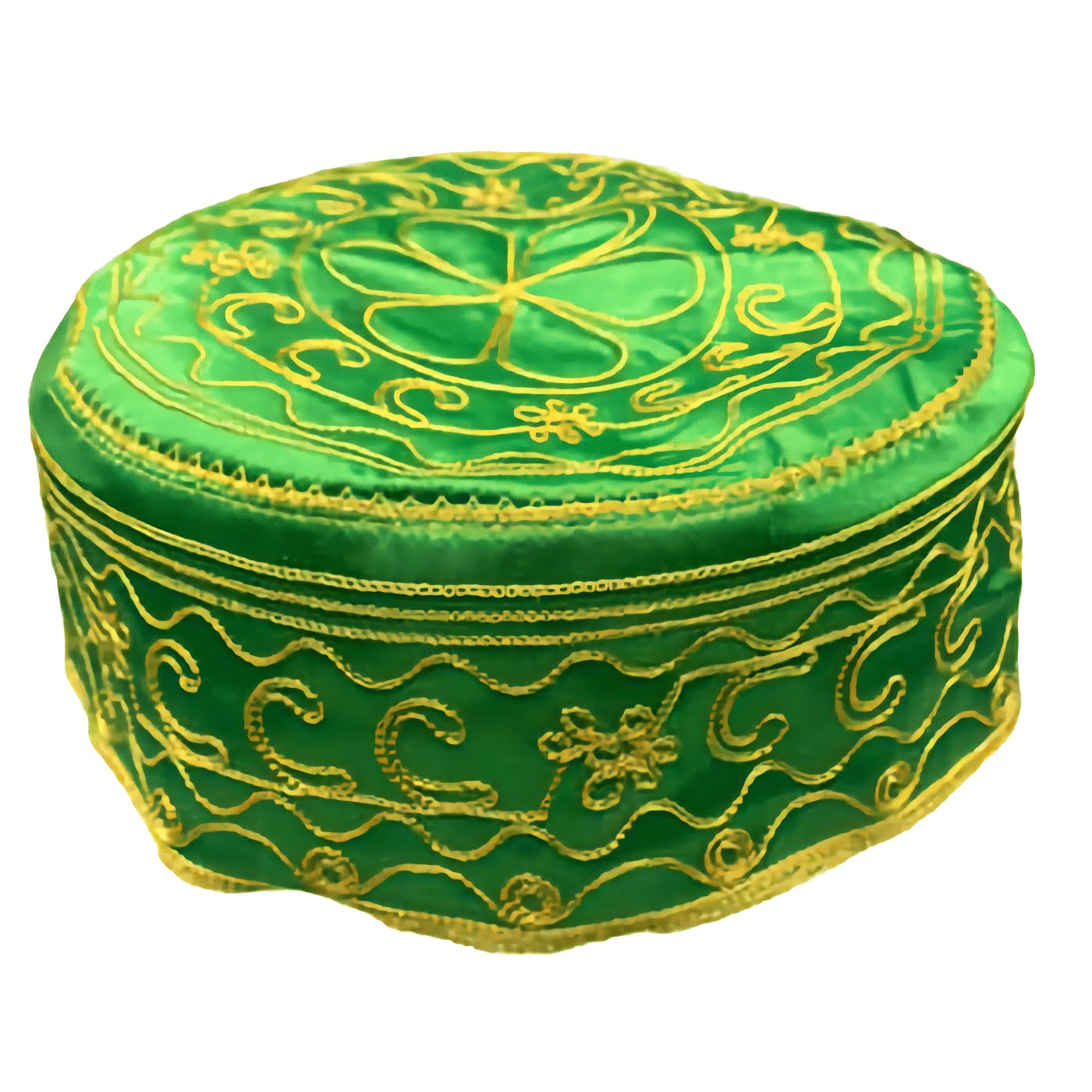 Bright green and yellow Orula Kufi hat with intricate gold embroidery.