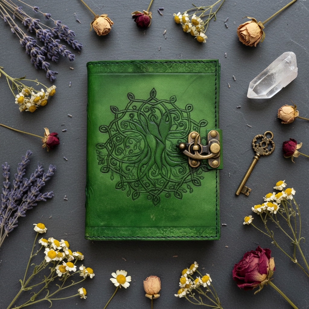 Green Tree of Life Leather Journal with Latch, 5" x 7", alternate view