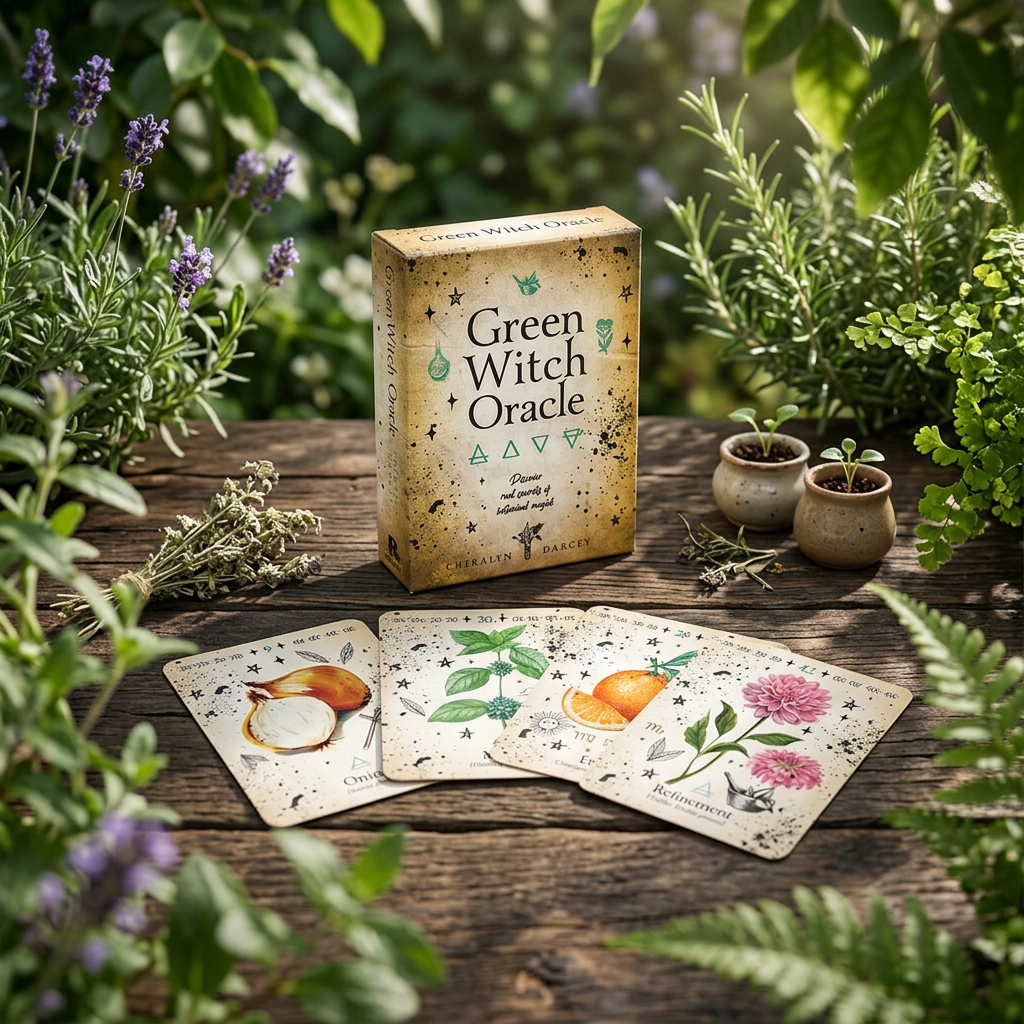 Photorealistic scene of Green Witch Oracle Cards on a rustic garden table, illuminated by morning sunlight, showcasing botanical illustrations and herbs.