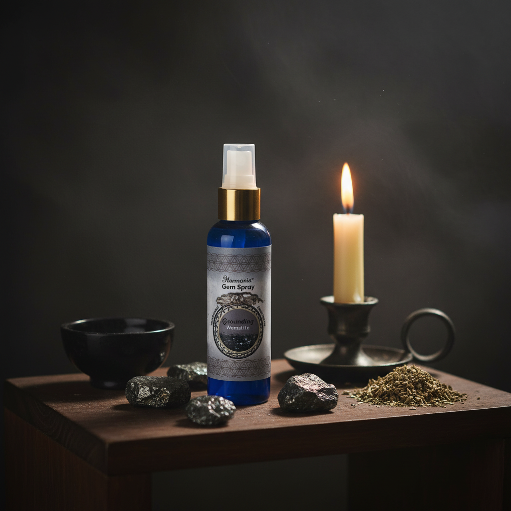 Grounding Hematite Sandalwood Gem Spray, 150ml, styled on altar