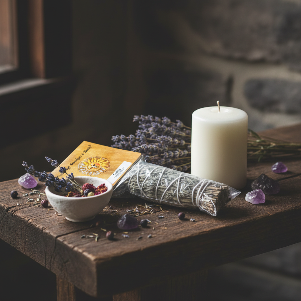 Healing Mountain Sage Cedar Copal Smudge Stick, 4", styled on altar