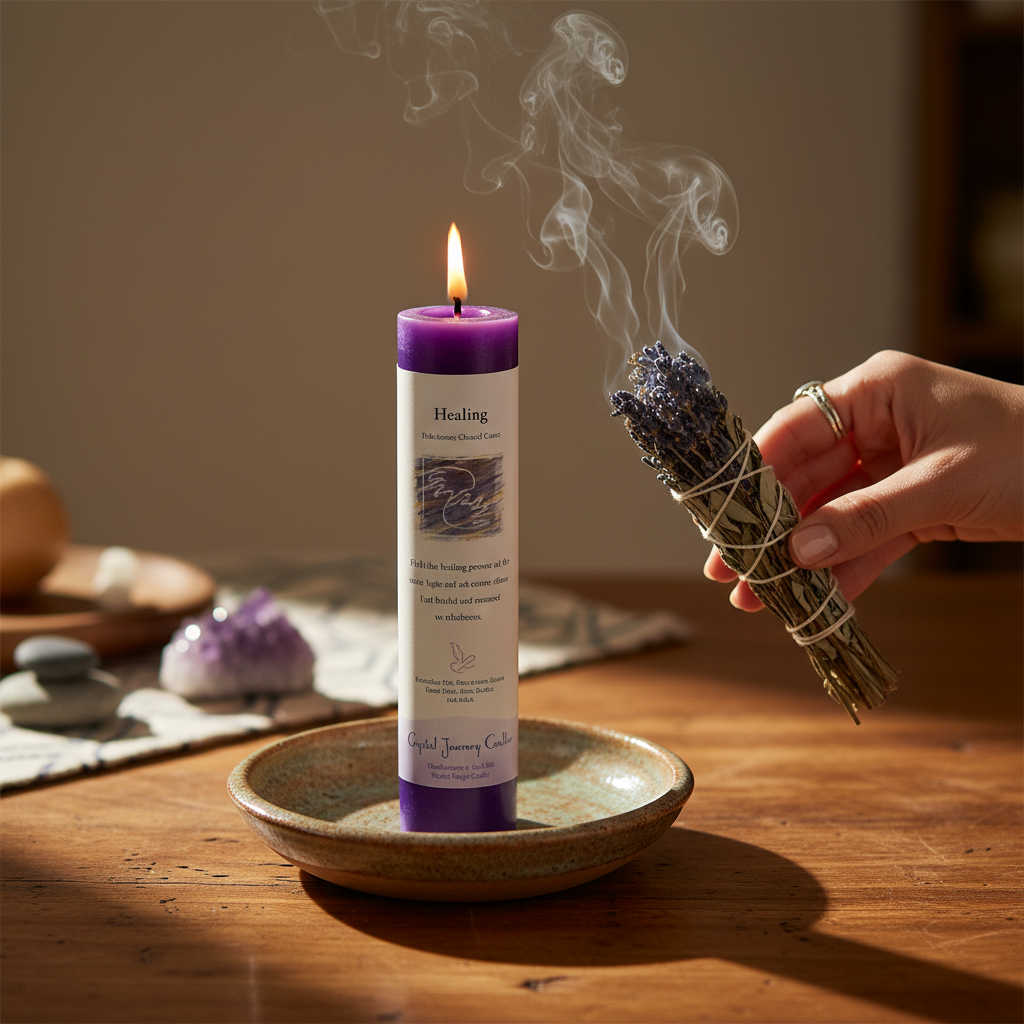 Healing Reiki Charged Pillar Candle, shown in use