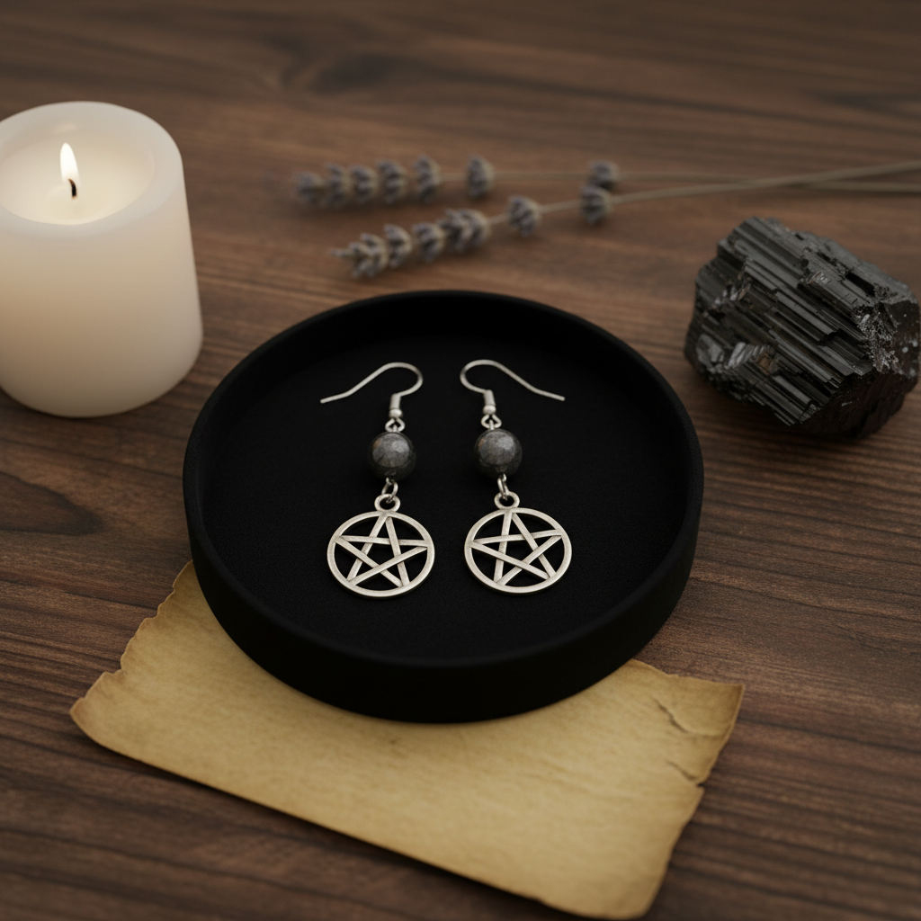 Hematite Pentagram Earrings, styled on altar