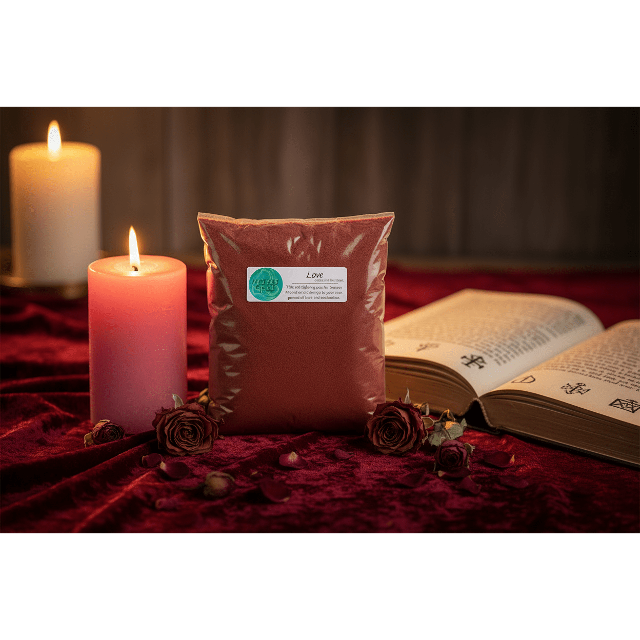 Love Powder Incense 1 lb bag on dark velvet with an open spell book, dried red roses, and a pink pillar candle