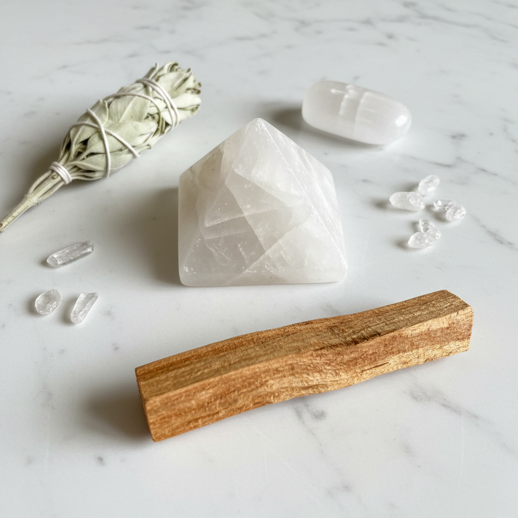 Faden Quartz Pyramid 70mm on white marble with dried sage, selenite palm stone, and scattered crystals