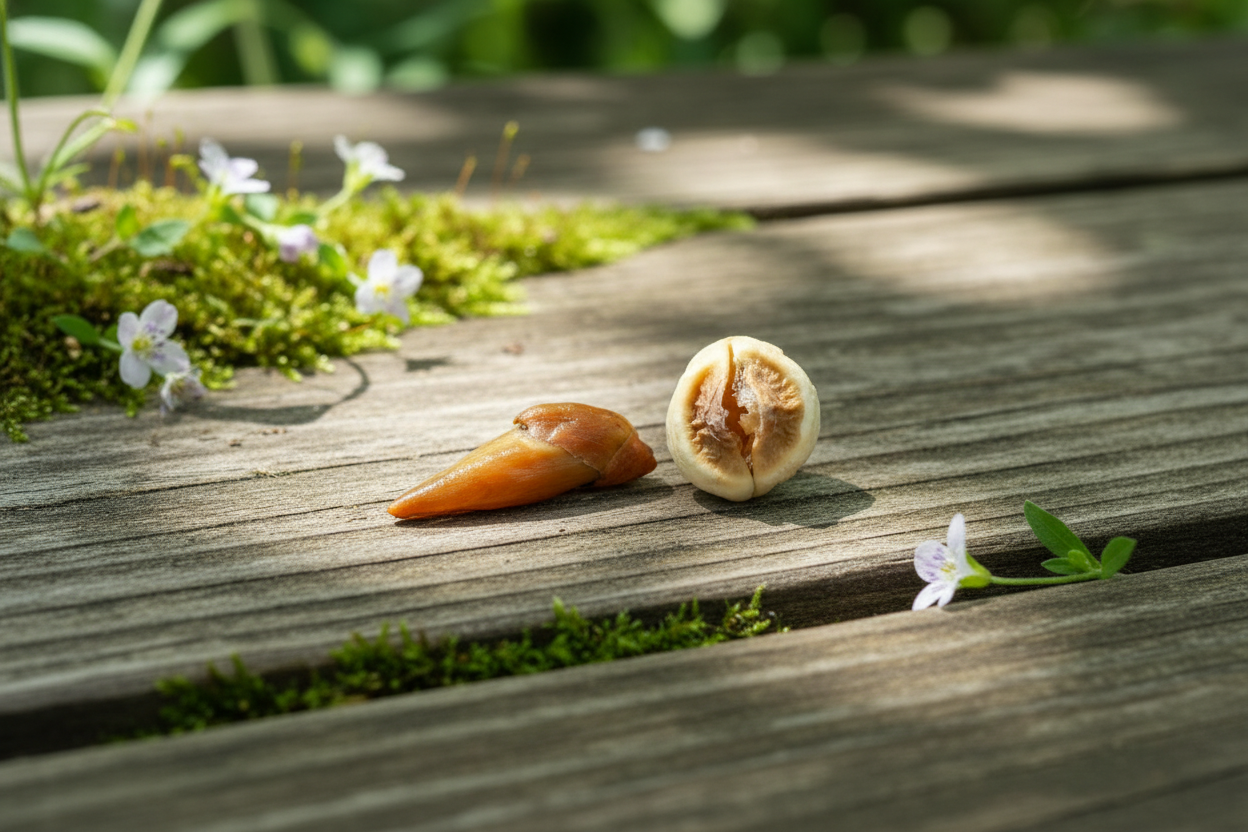 Adam and Eve Root pair on weathered wood with green moss and wildflowers