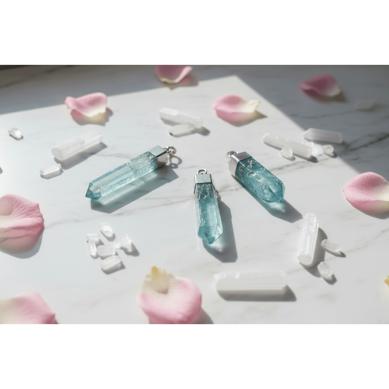 Aqua Aura Quartz Pendants with varied natural crystal shapes on white marble with selenite and rose petals