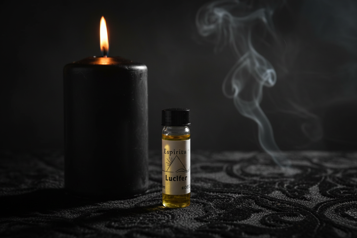 Lucifer Spiritual Oil 2 Dram bottle with yellow liquid beside a black pillar candle on ritual altar cloth with smoke