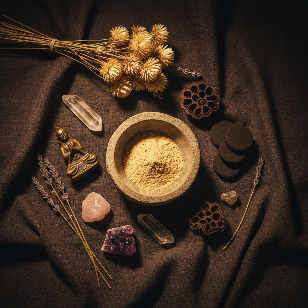 Yellow sandalwood powder in a small stone bowl with charcoal tablets, crystals, dried flowers, and a deity figurine on a dark linen cloth altar flat lay