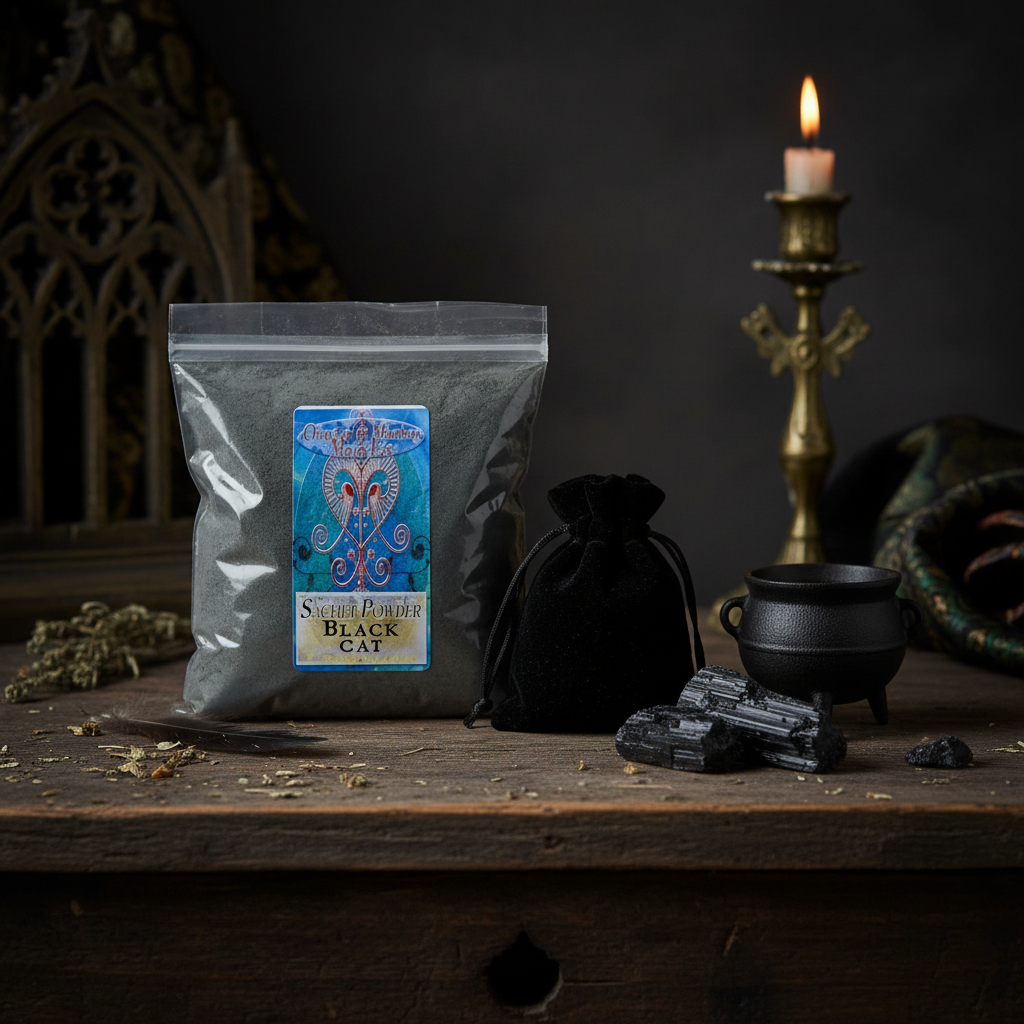 Consecrated Black Cat Sachet Powder with mojo bag, black tourmaline crystals, and cauldron on wooden altar