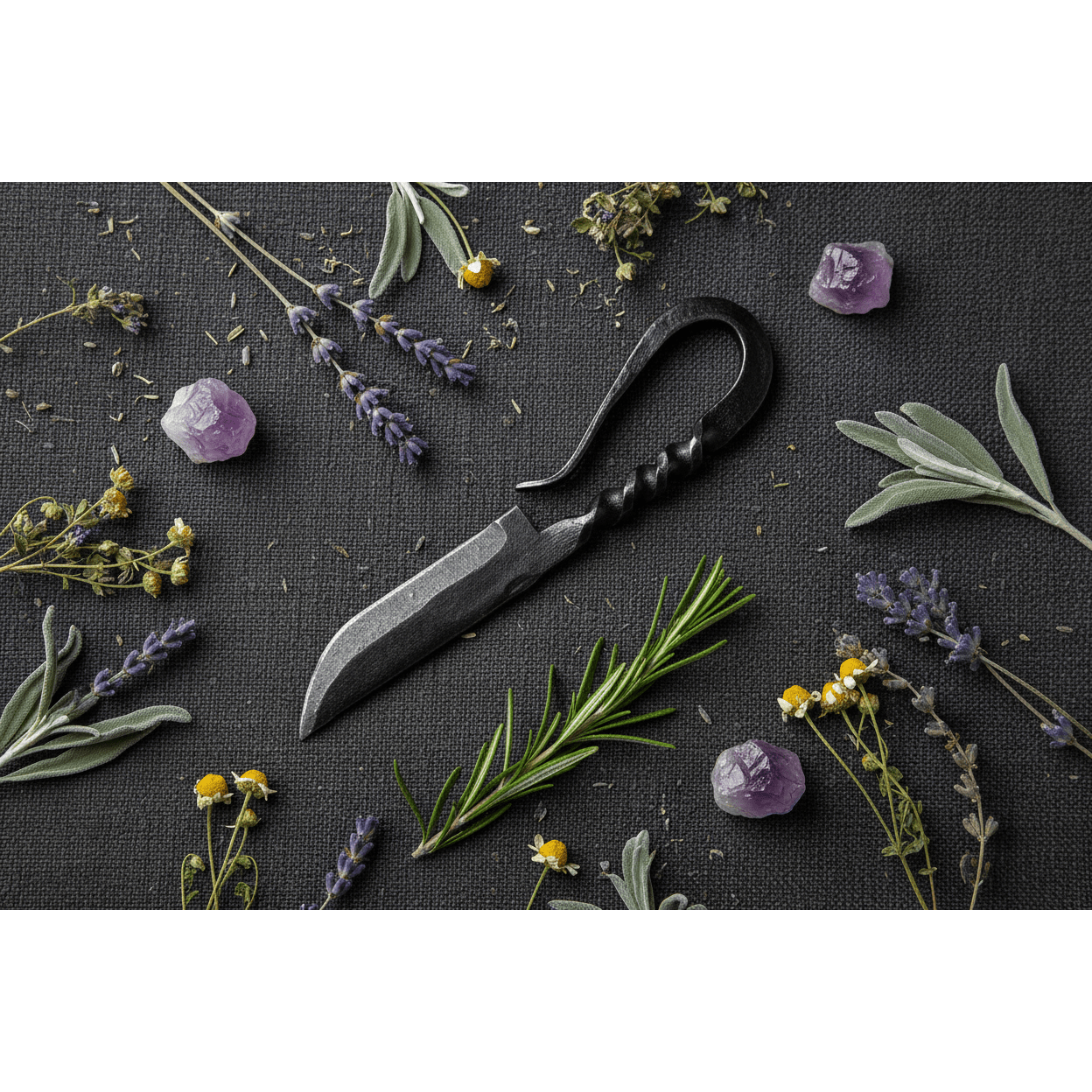 Medieval Boline flat lay on dark linen with dried herbs, amethyst crystals, and rosemary for scale