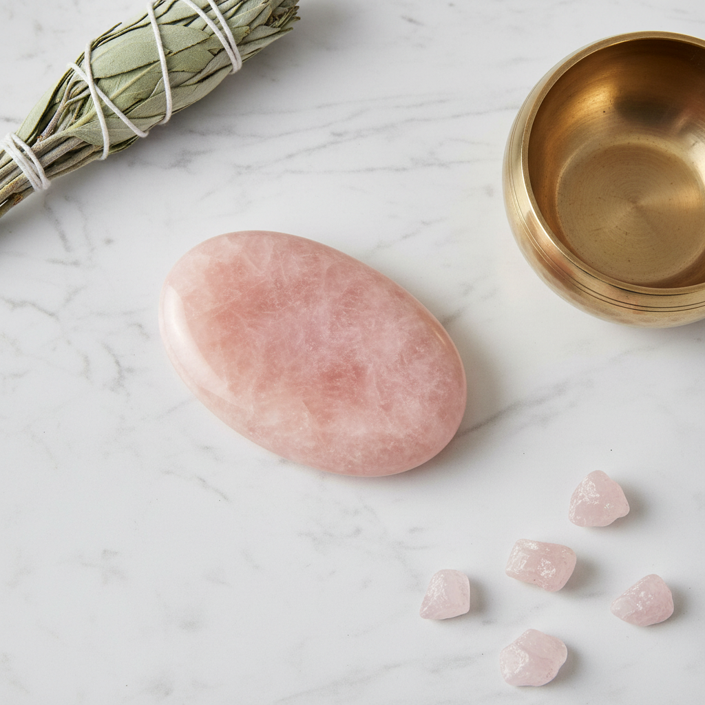 Pink calcite worry stone flat-lay on white marble with singing bowl, dried sage, and rose quartz chips
