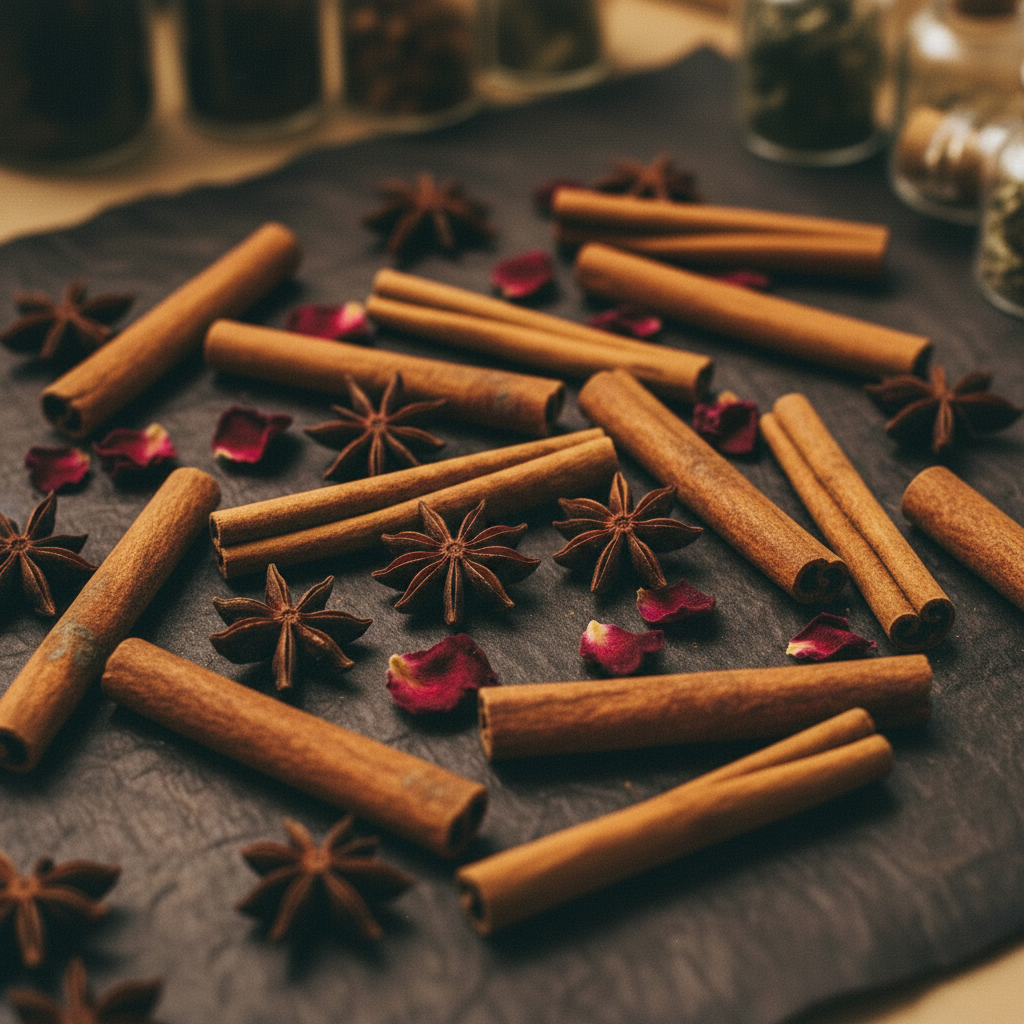 Loose cinnamon sticks scattered on dark wood surface with dried rose petals and star anise