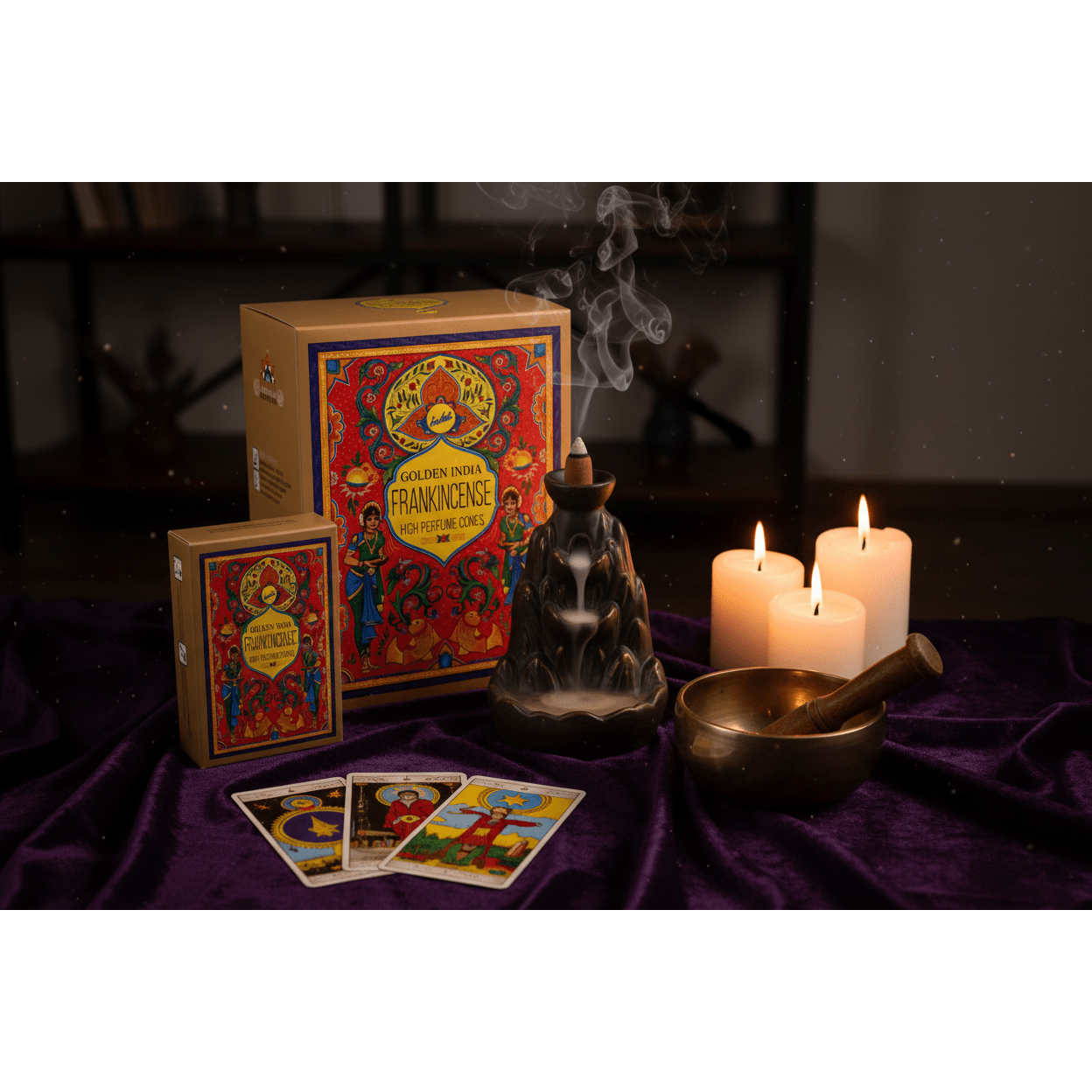 Frankincense backflow cone with cascading smoke beside tarot cards and a singing bowl on dark purple velvet