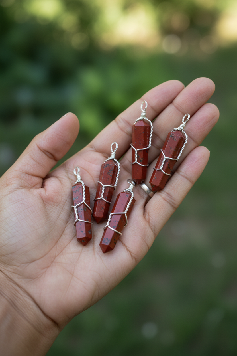Red Jasper Wire Wrapped Point Crystal Pendant, Set of 5