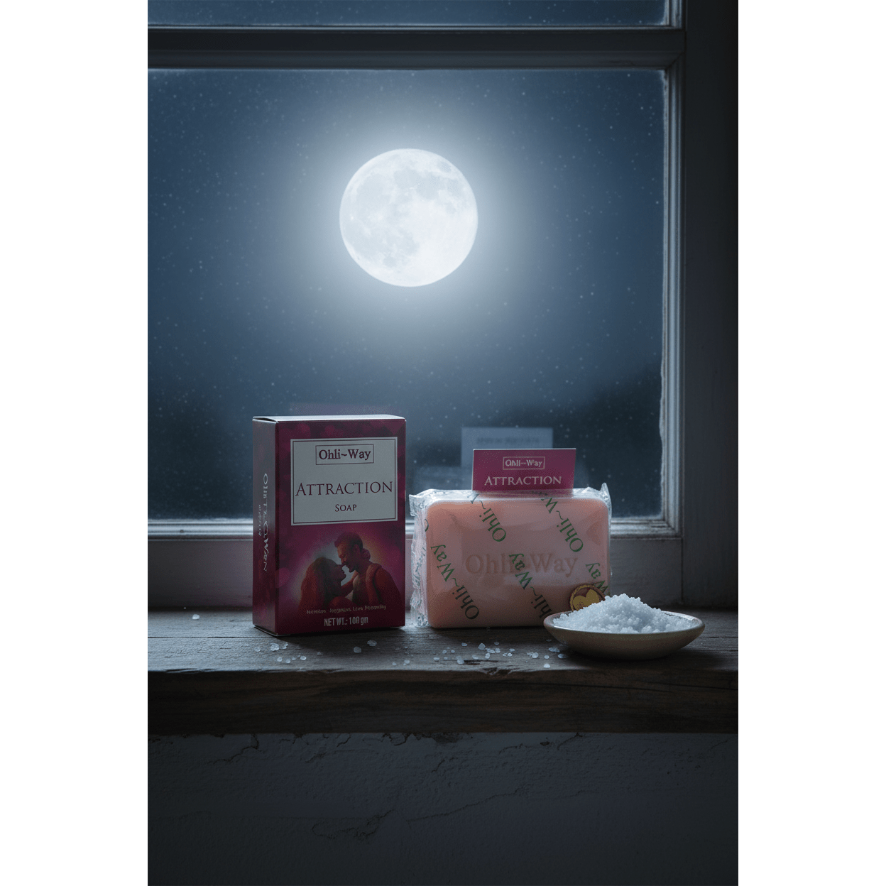 Ohli-Way Attraction Soap set with pink bar, burgundy box, gold heart charm and prayer card on moonlit windowsill with full moon and sea salt dish