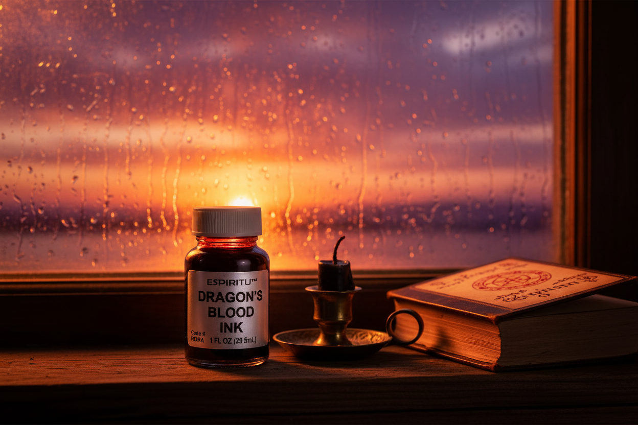 Dragon's Blood Ink 1 oz bottle on a windowsill at dusk with open grimoire and burned black candle