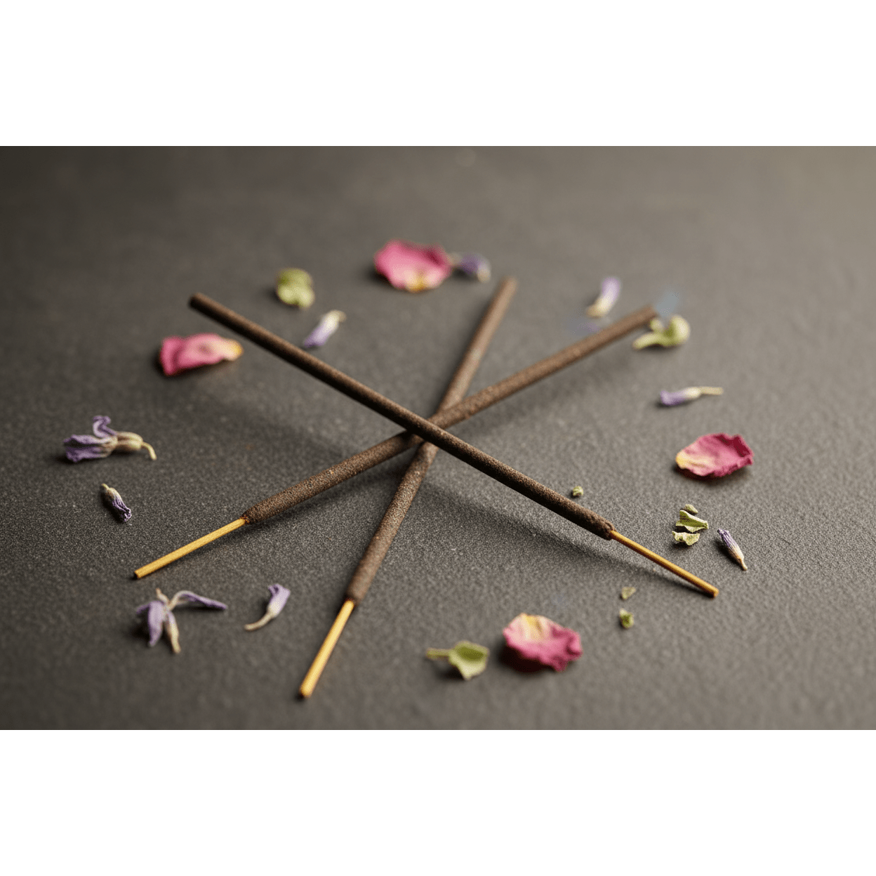 Two Sonavi 7 Chakra incense sticks crossed on dark stone with scattered dried flower petals and herb fragments.