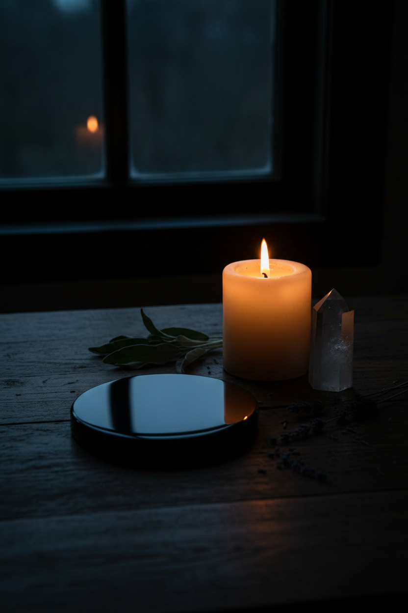 Black Obsidian Scrying Mirror 3 inch beside pillar candle and quartz point in cinematic night scene