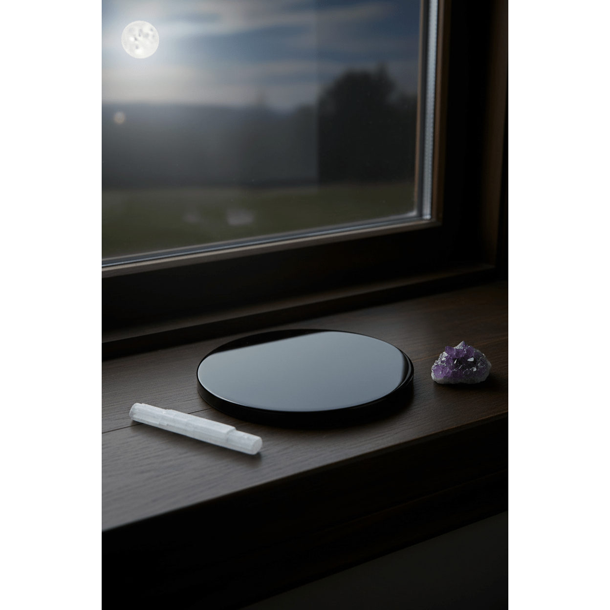 6-inch black obsidian scrying mirror on a moonlit windowsill at night with a selenite wand and amethyst cluster beside it