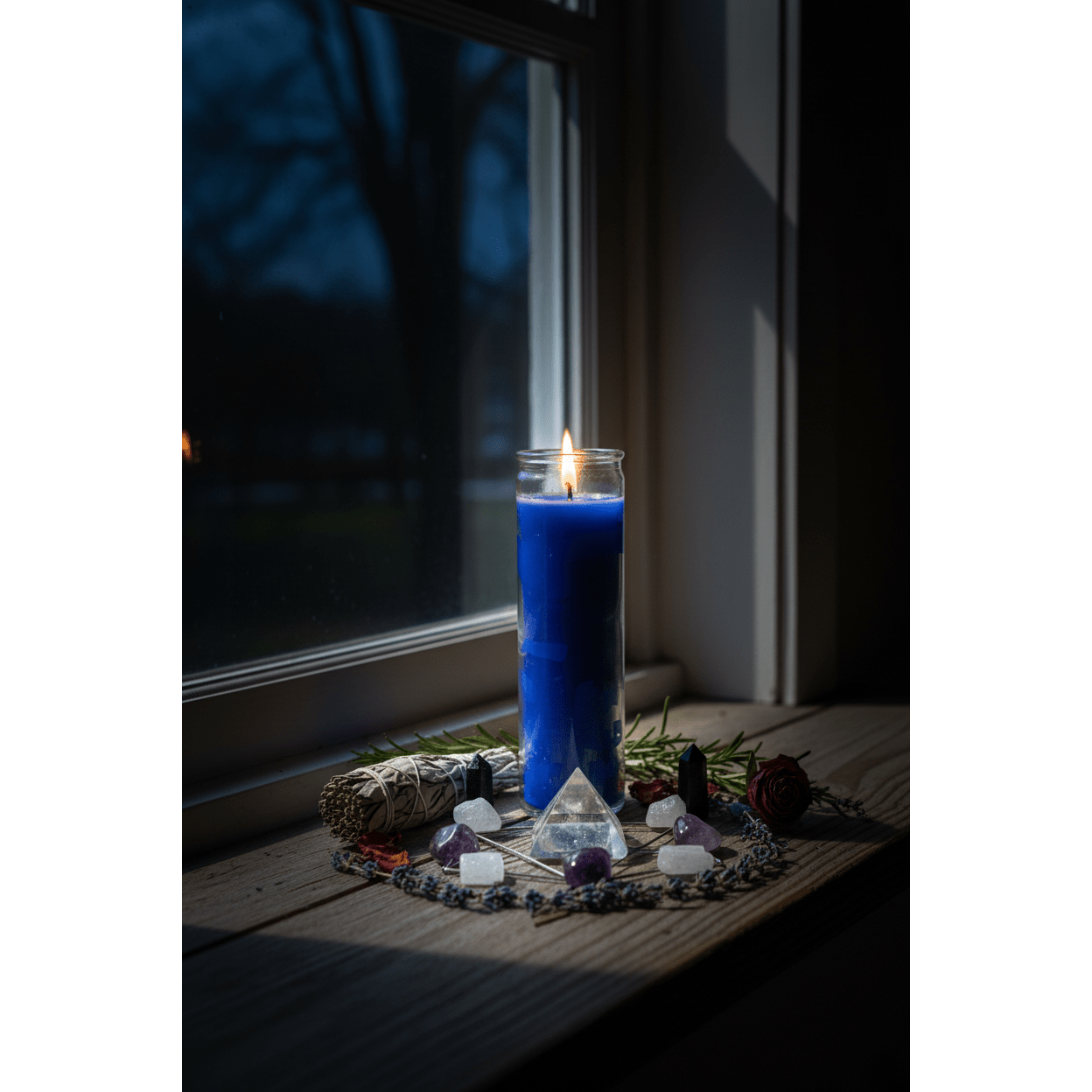 Blue 7-day jar candle glowing on a moonlit windowsill with a crystal grid and dried botanicals