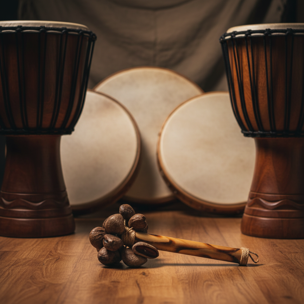 Toca seed shaker with bamboo handle next to drum circle drums