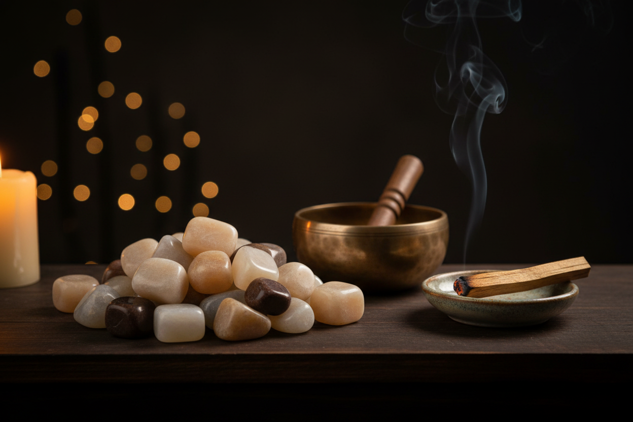 Moonstone tumbled stones on wooden altar shelf with brass singing bowl and palo santo