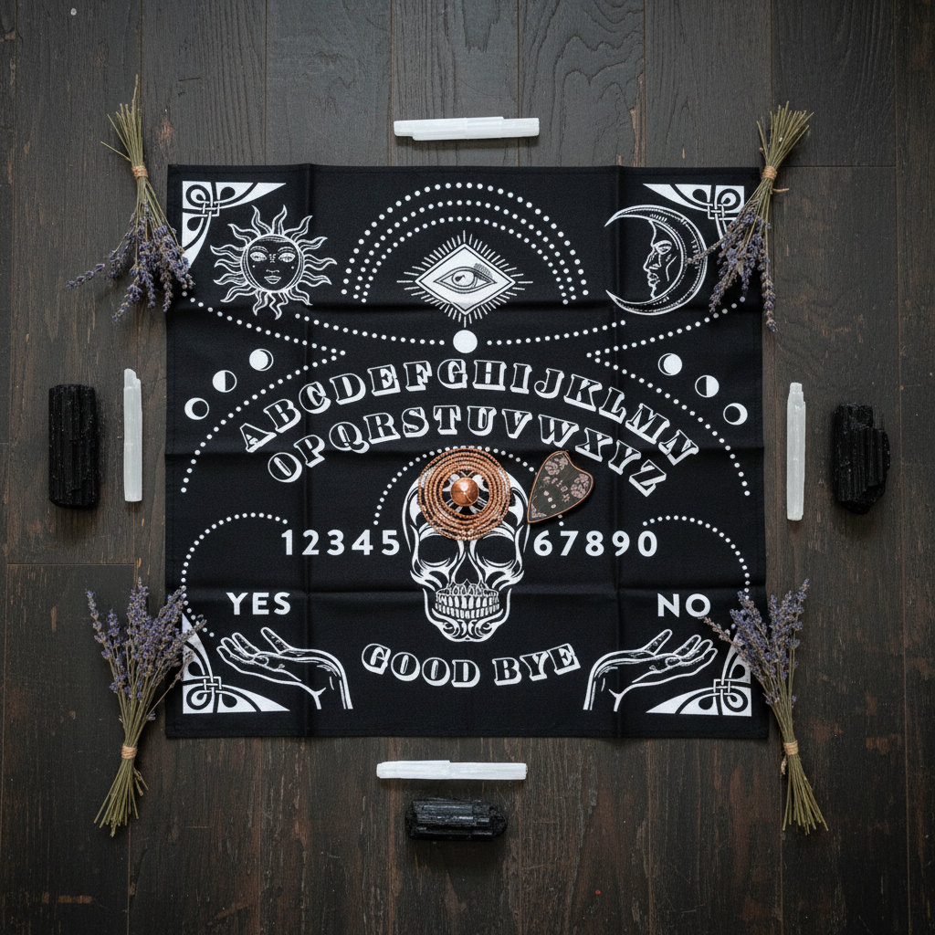 Overhead flat-lay of Ouija Board Mat on dark wood floor with a copper pendulum, black tourmaline, lavender, and selenite wand