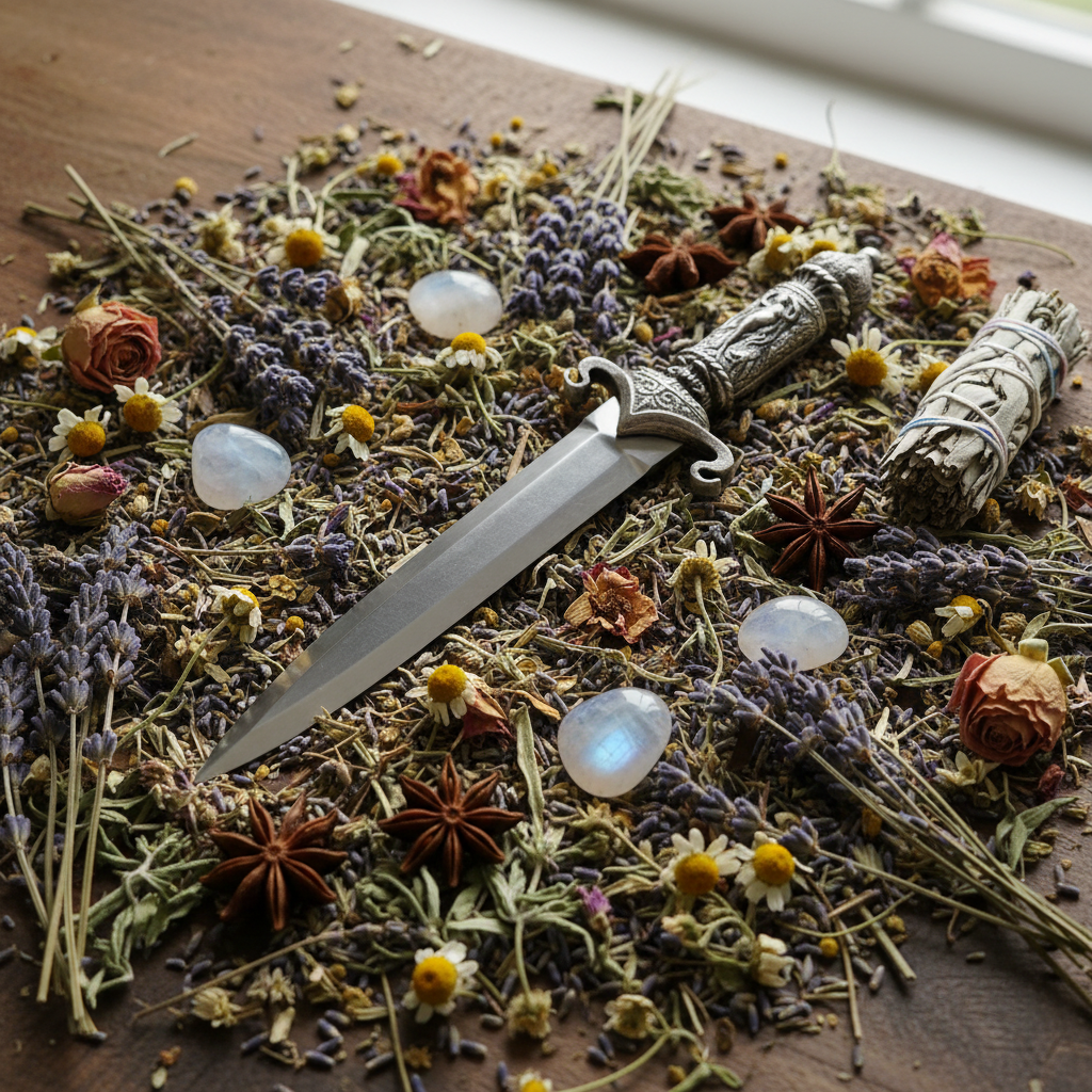 Goddess Athame - Flat Lay with Herbs