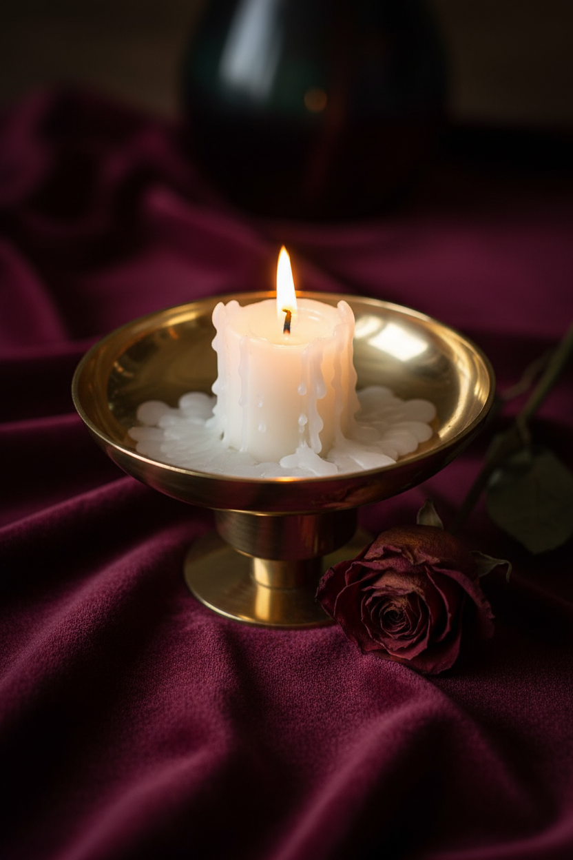 Brass Universal Candle Holder with dripping pillar candle on burgundy velvet with dried red rose