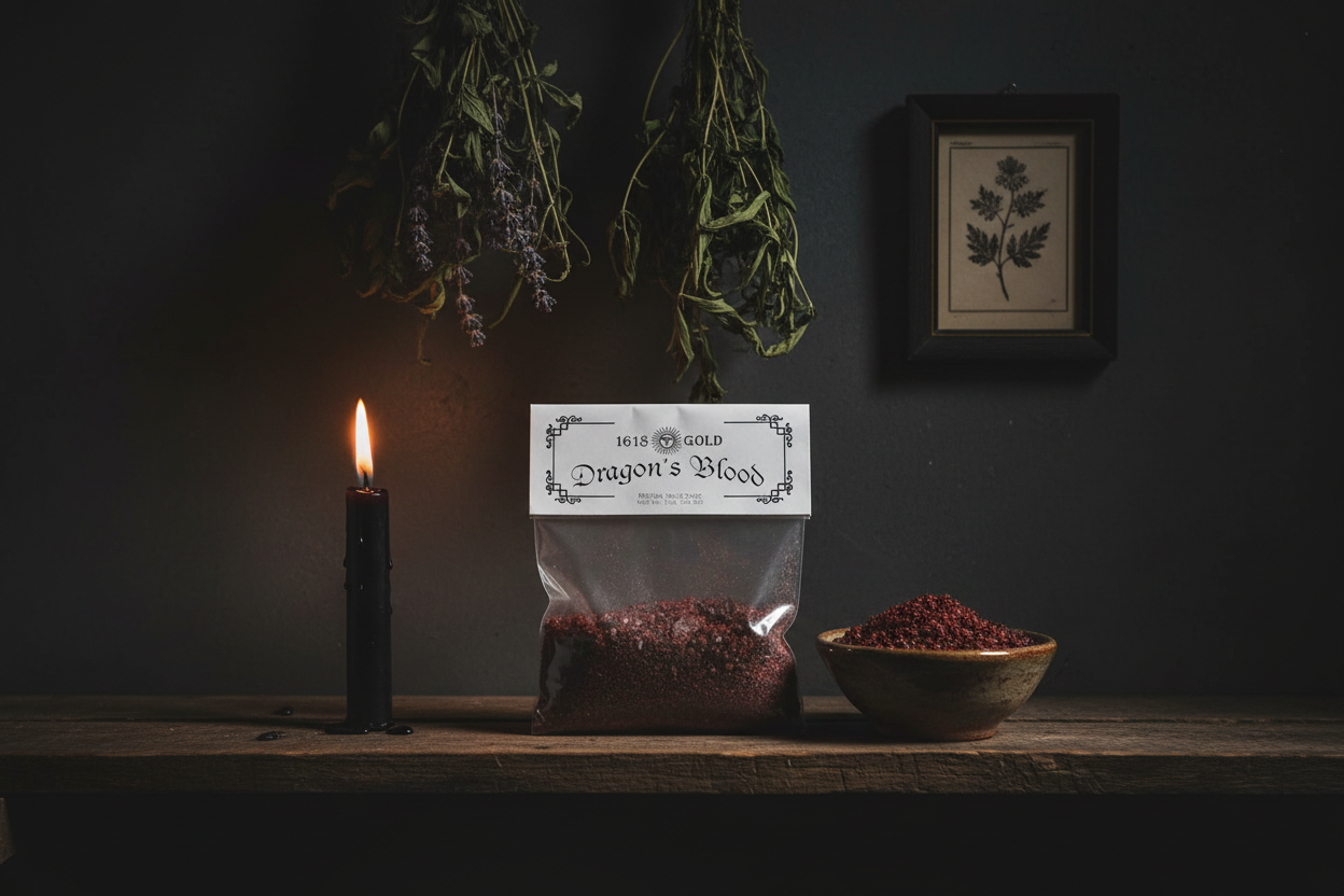 Dragon's Blood granular incense bag on ritual room shelf with candle and herbs