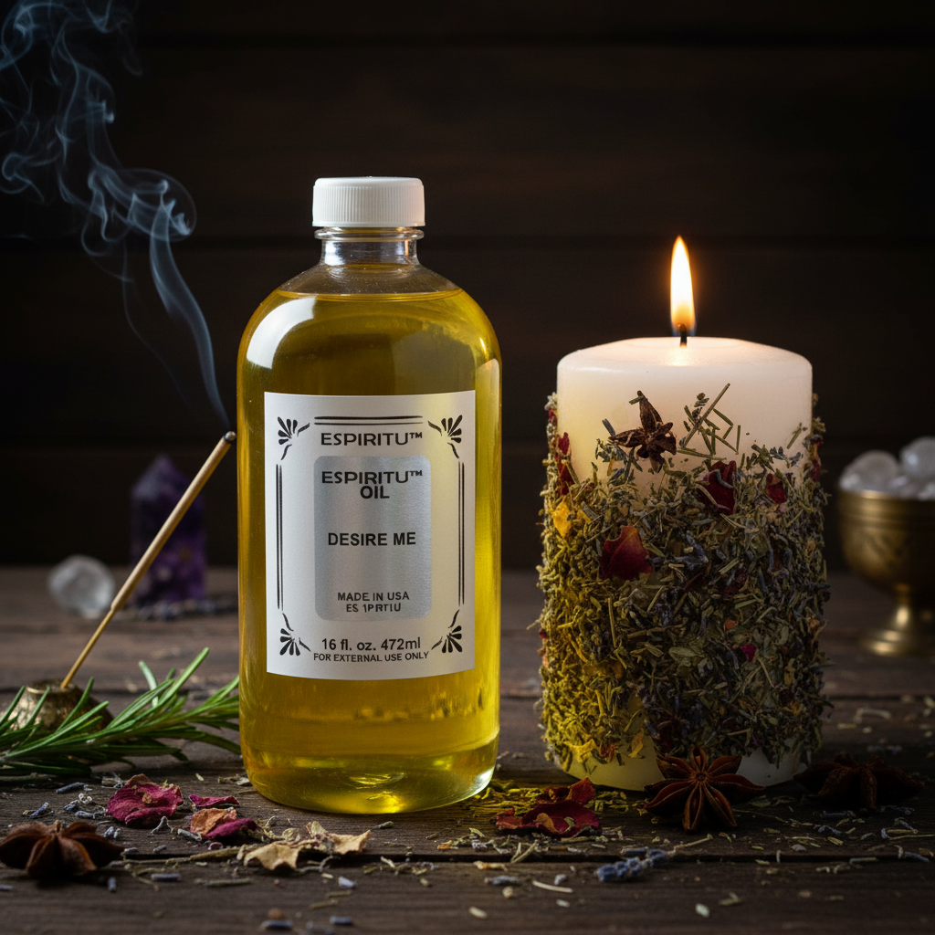 Desire Me Espiritu 16oz yellow oil bottle next to a herb-covered pillar candle on a dark altar