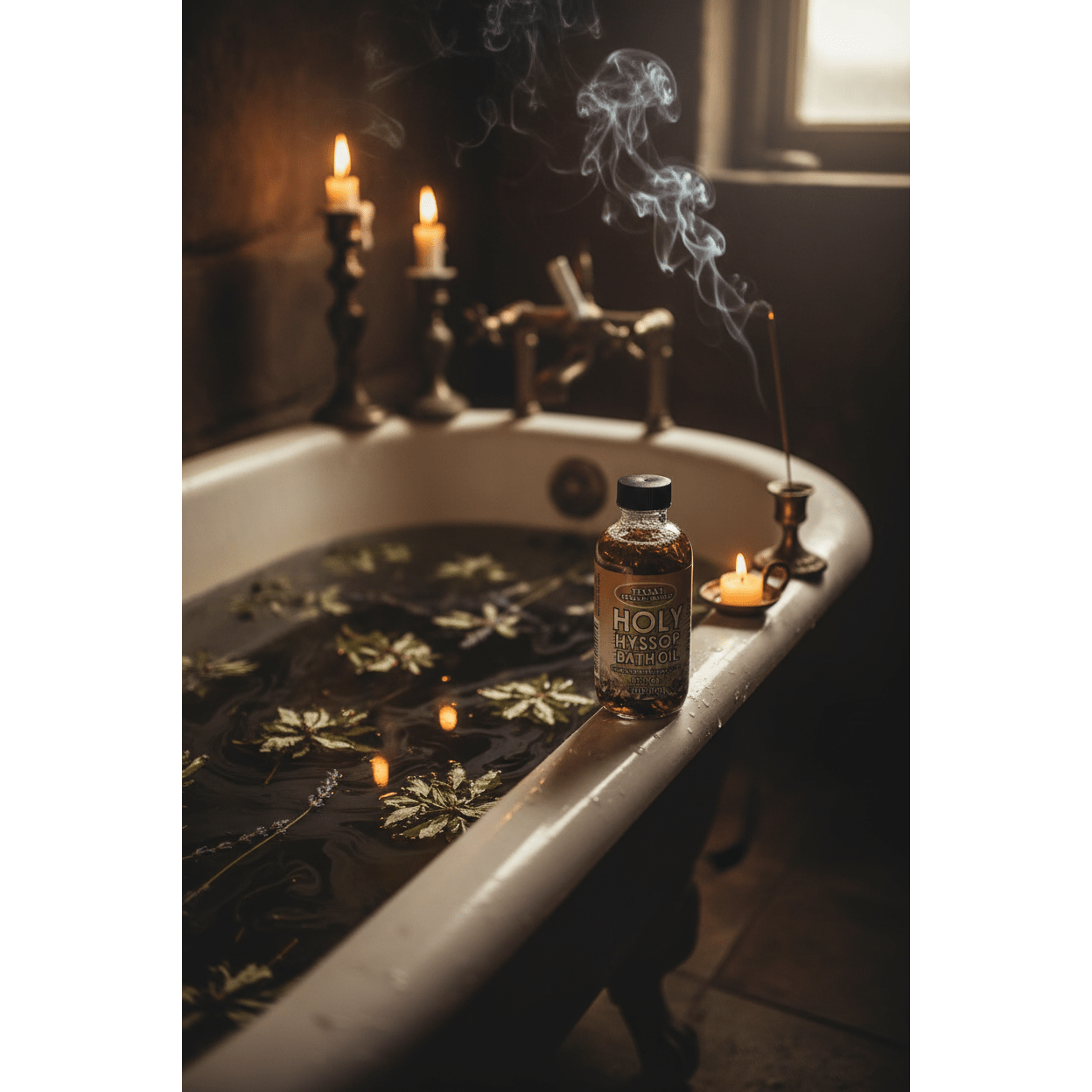 Seven Holy Hyssop Bath Oil 4oz on a clawfoot bathtub edge with incense smoke and floating botanicals