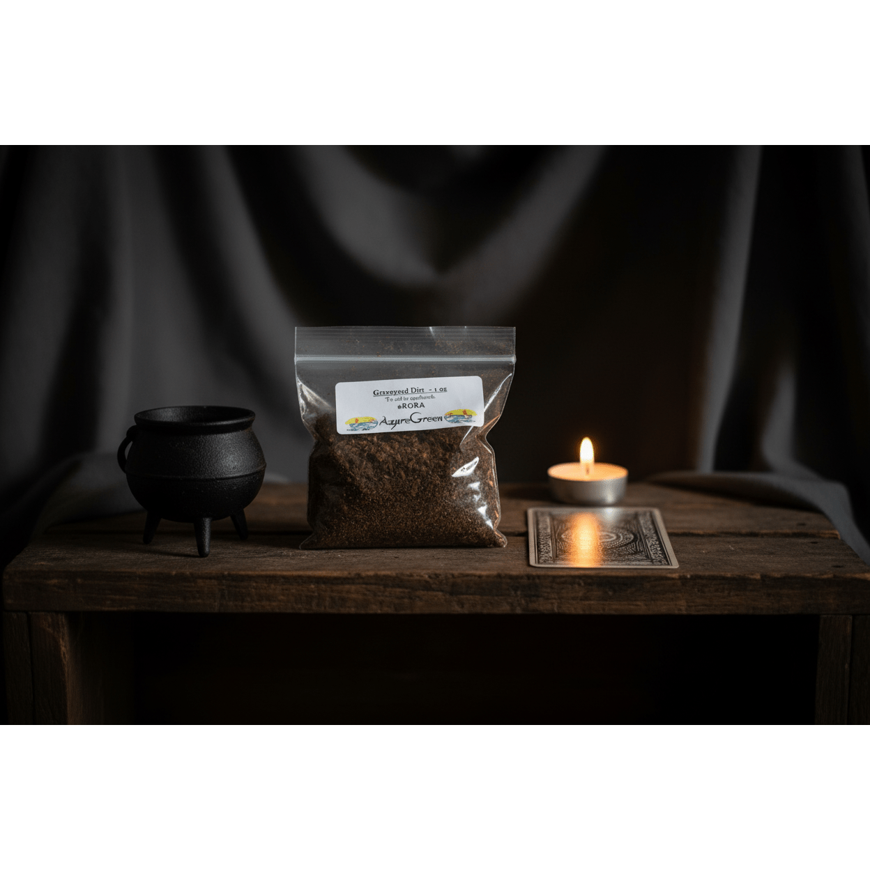 1oz resealable bag of graveyard dirt on a wooden altar shelf with a small cauldron, face-down tarot card, and lit tea light candle