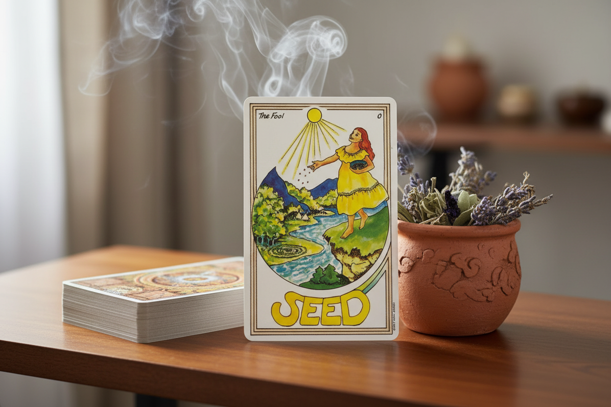 Medicine Woman Tarot Seed card propped against a clay herb pot on a meditation altar with incense smoke in soft indoor light