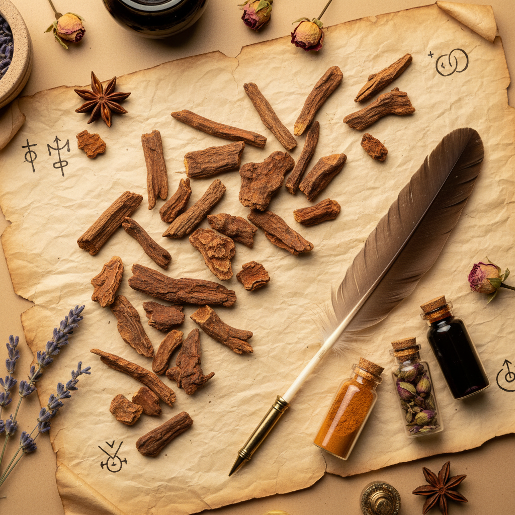Jezebel Root Pieces flat lay with parchment paper, quill, and glass vials