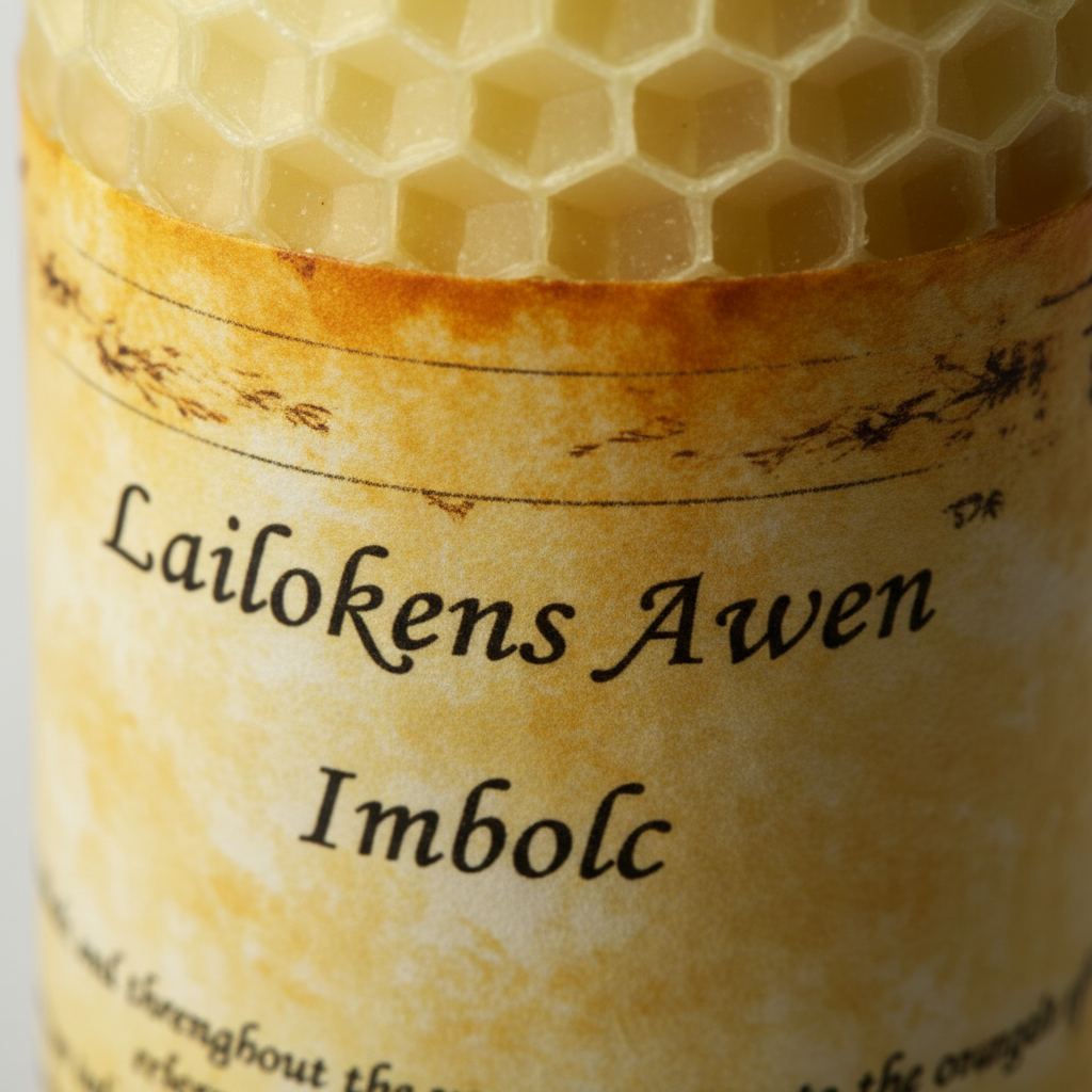 Imbolc Sabbat Lailokens Awen Candle, 4 x 1.75", detail view