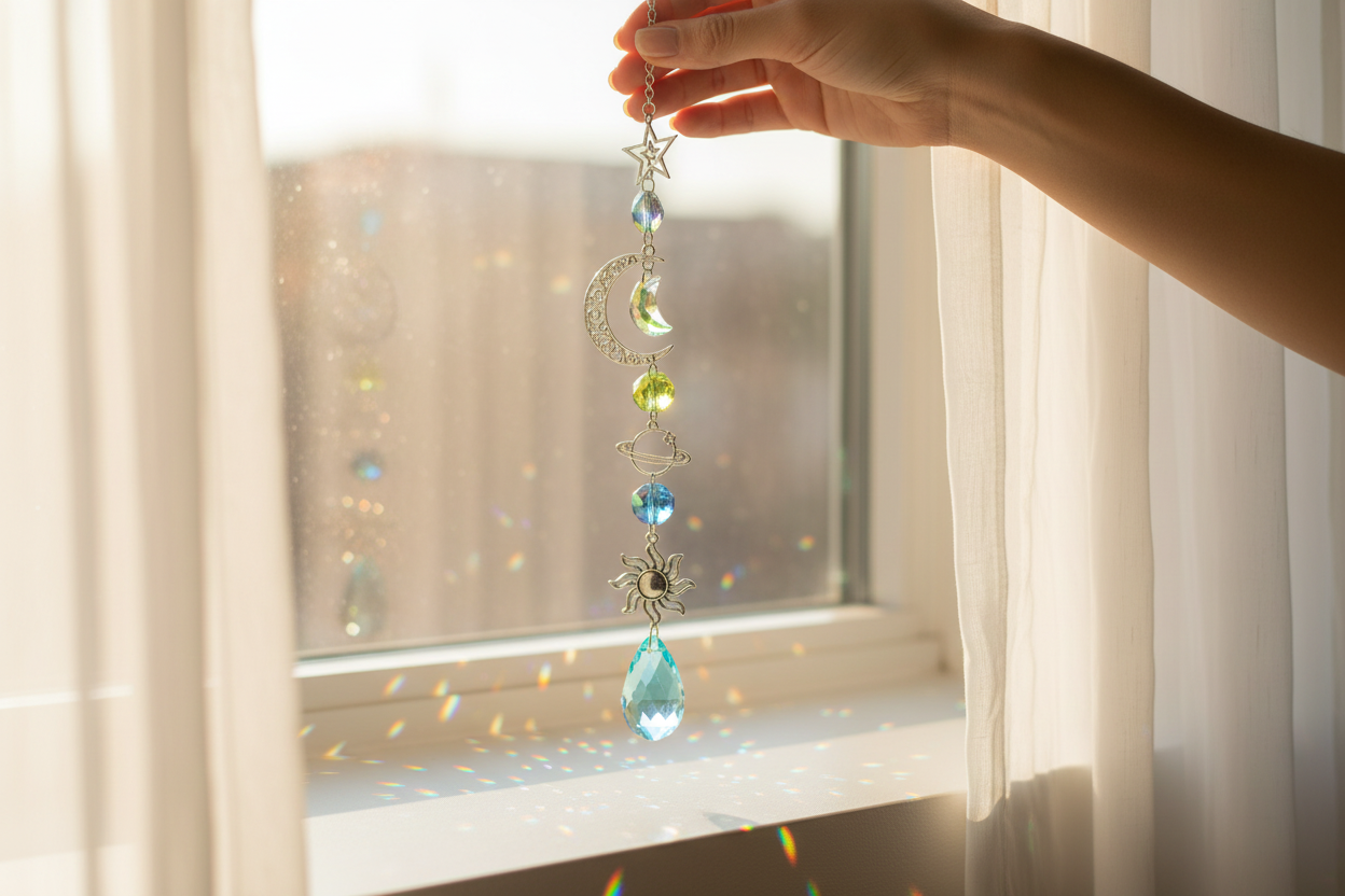 Celestial Crescent Suncatcher with Planets, 17 Inch, shown in use