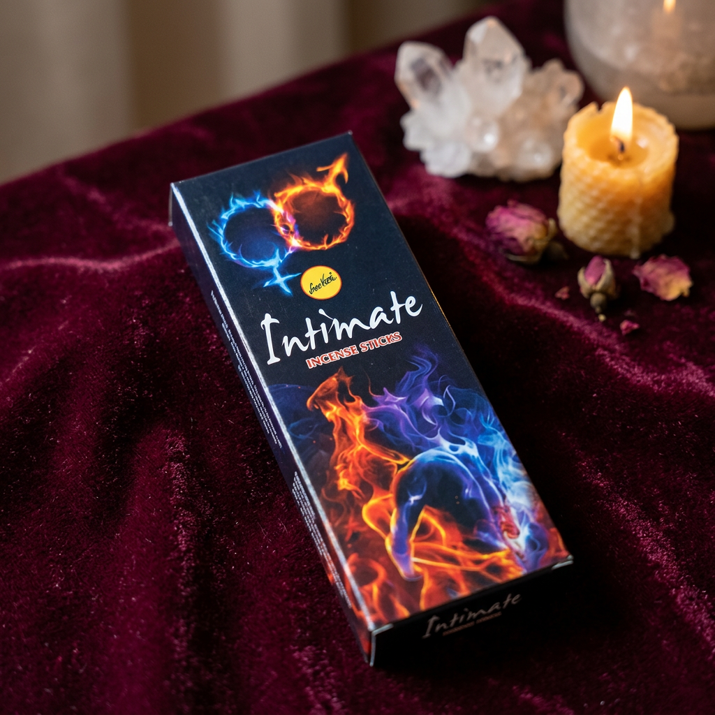 Intimate Sree Vani Incense Sticks box nestled on vibrant textured fabric, in a sacred space with ritual objects for serenity.