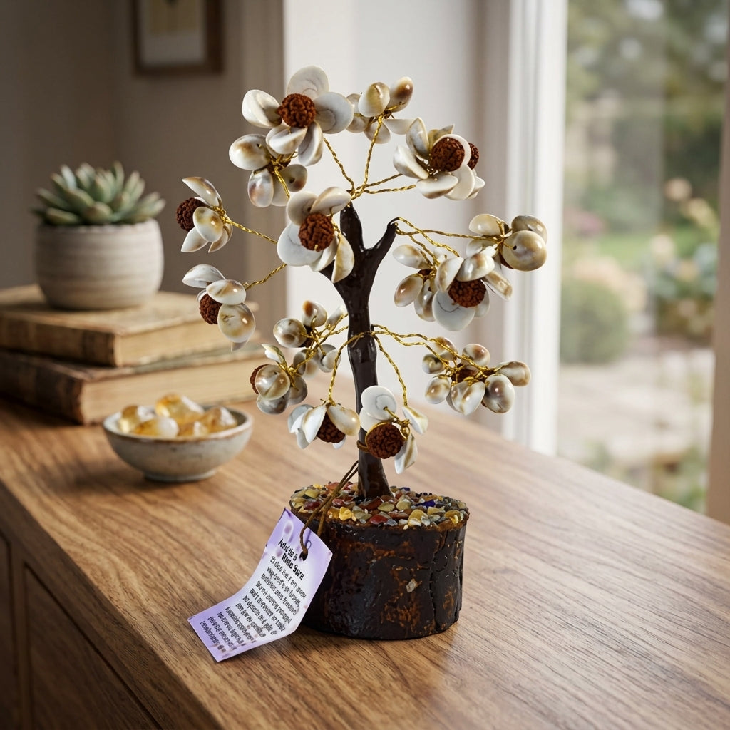 Elevated angle close-up of shells and Rudraksha beads on Good Luck Tree, in peaceful setting with natural sunlight.