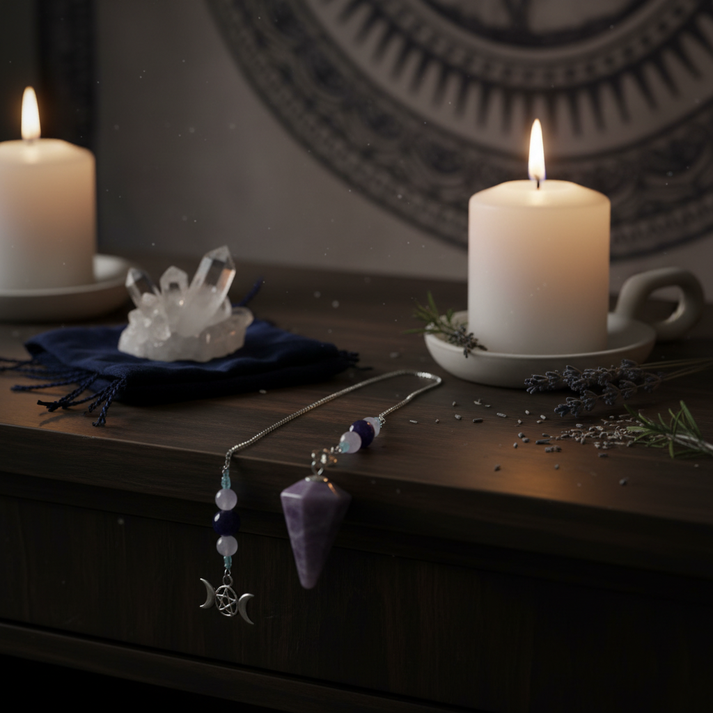 Lepidolite Triple Moon 6 Sided Pendulum, styled on altar