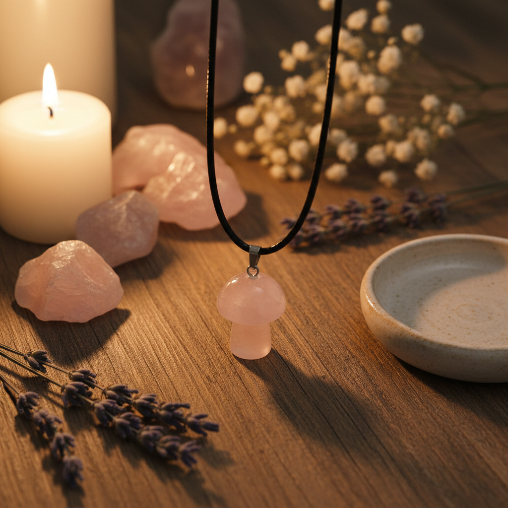 Love Mushroom Necklace, styled on altar