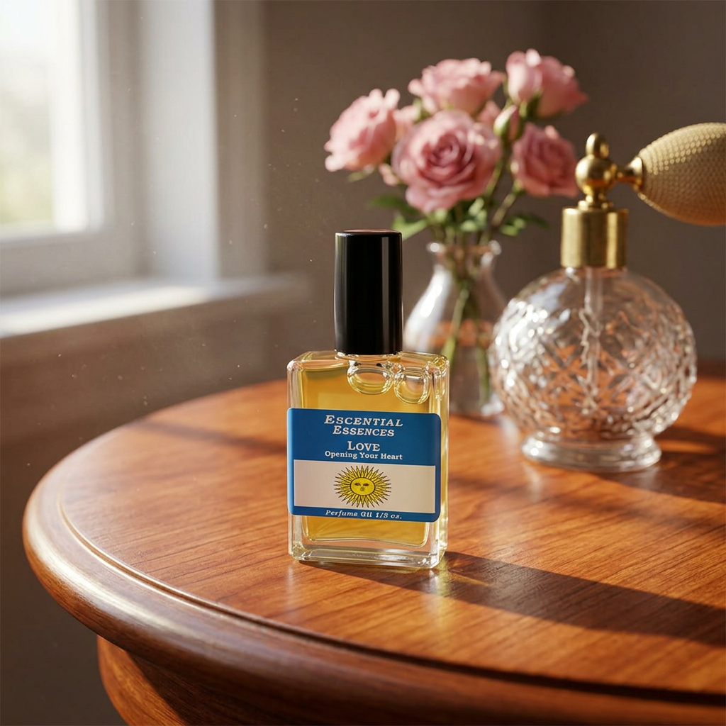 Photorealistic scene of Love Perfume Oil bottle on wooden table with morning sunlight.