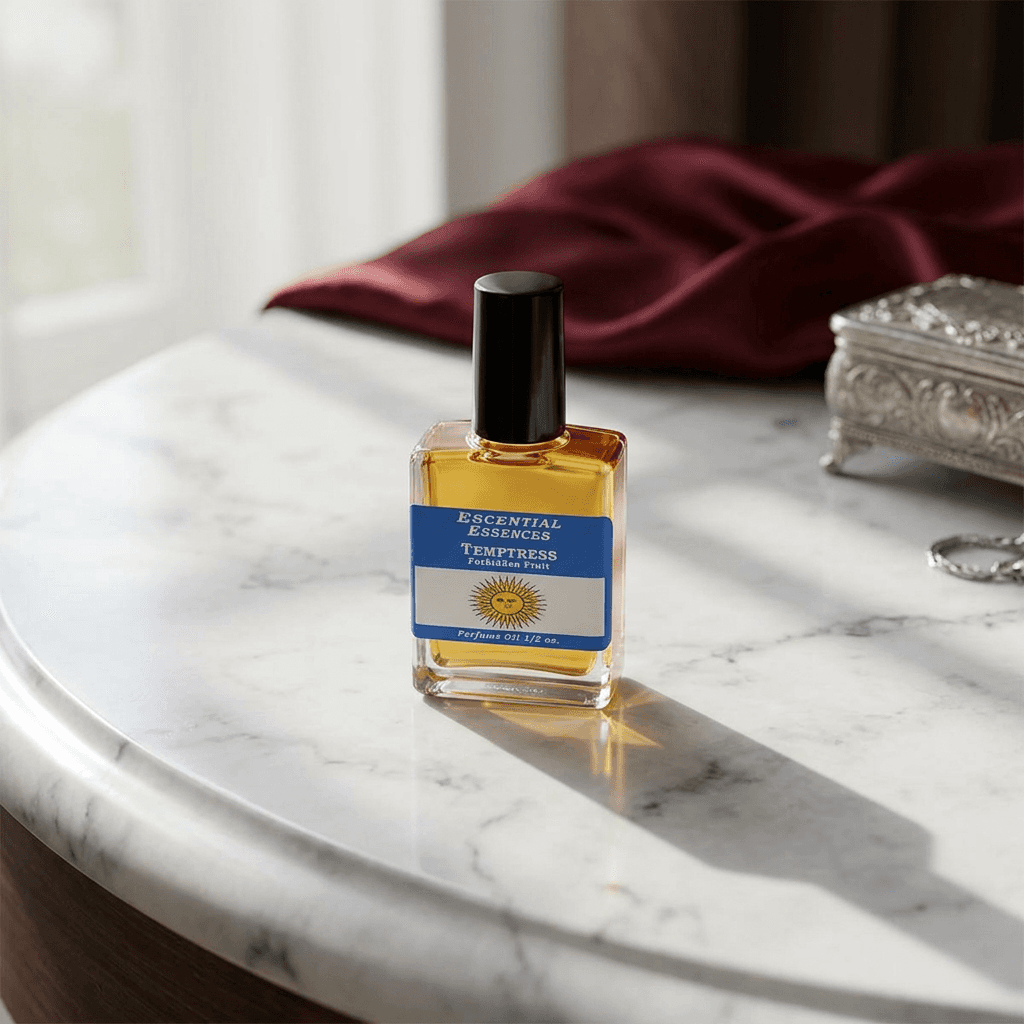 Full-body scene showcasing the 1/2oz Temptress Escential Essences oil on a textured marble vanity with silk fabrics, soft lighting, and sensual decor highlighting its delicate charm.